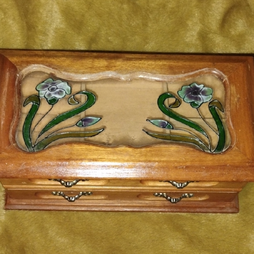 Vintage Stained Glass Wooden Jewelry Organizer with Drawers